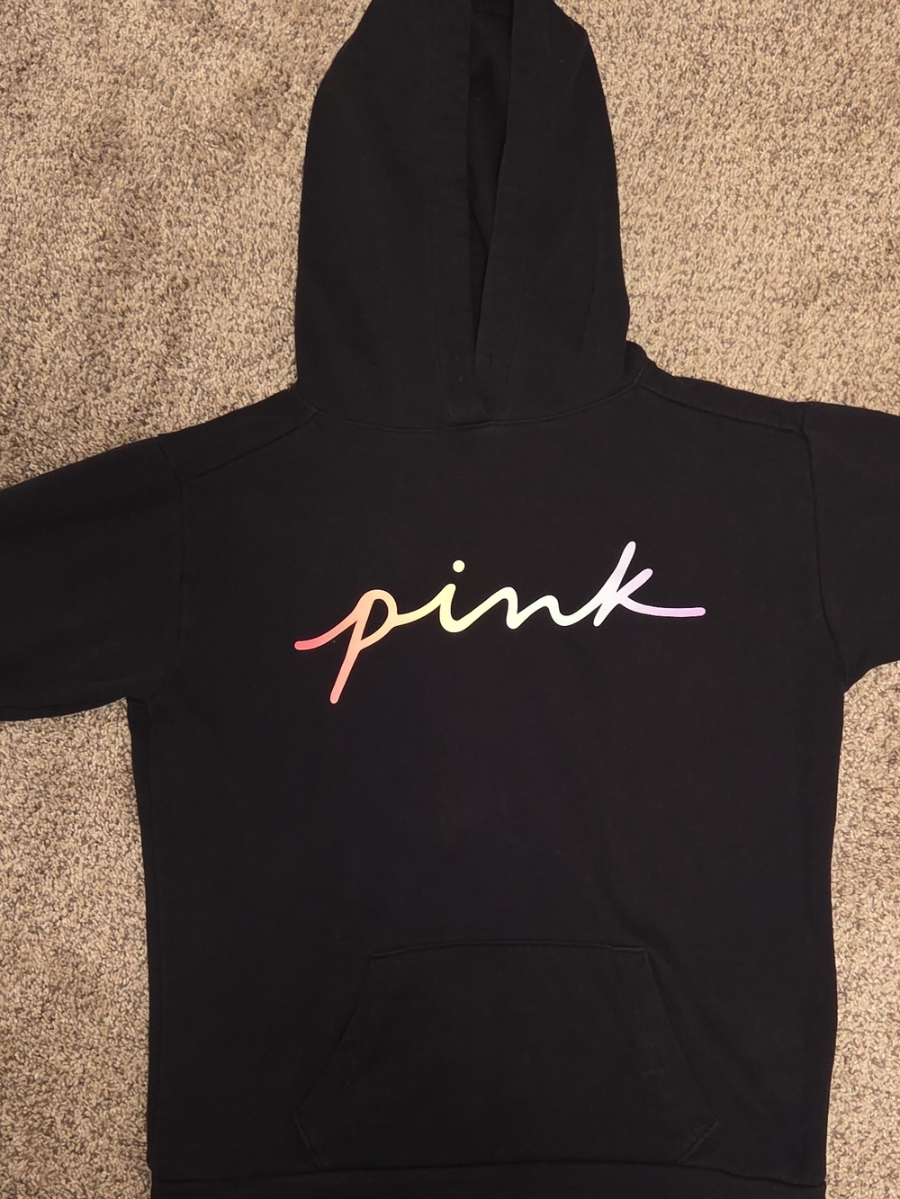 PINK Victoria's Secret Black Hoodie with Rainbow Gradient Logo XS Preppy Cozy